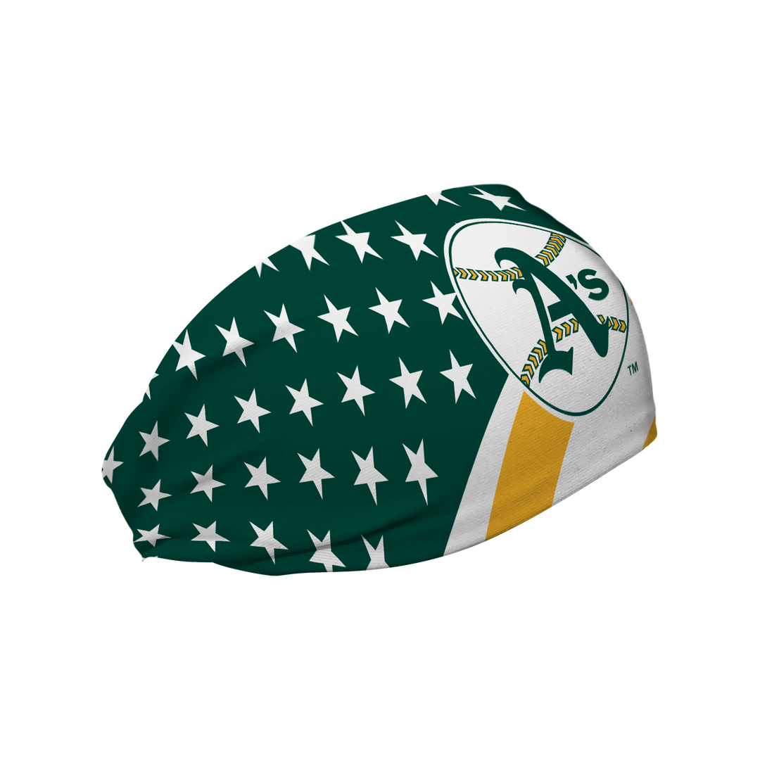 MLB Athletics Stars and Stripes cooling headband with Coop Logo. Made in USA, Vertical Athletics brand.  