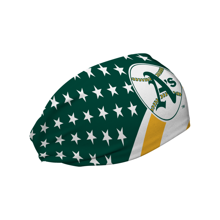 MLB Athletics Stars and Stripes cooling headband with Coop Logo. Made in USA, Vertical Athletics brand.  