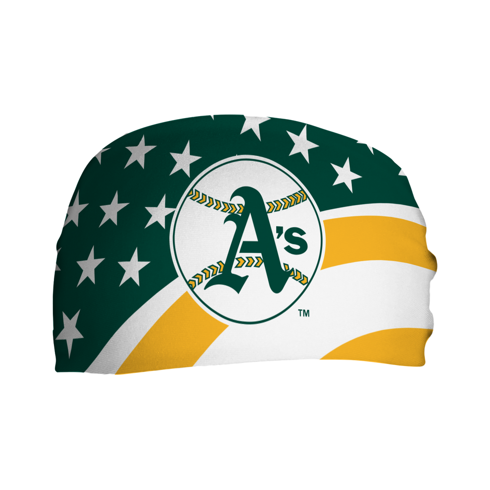 MLB Athletics Stars and Stripes cooling headband with Coop Logo. Made in USA, Vertical Athletics brand.  