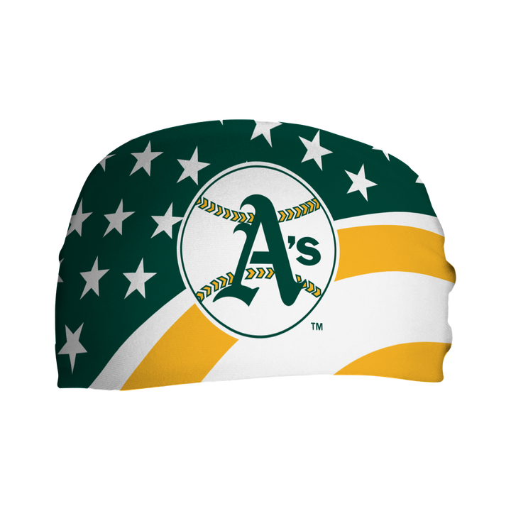 MLB Athletics Stars and Stripes cooling headband with Coop Logo. Made in USA, Vertical Athletics brand.  