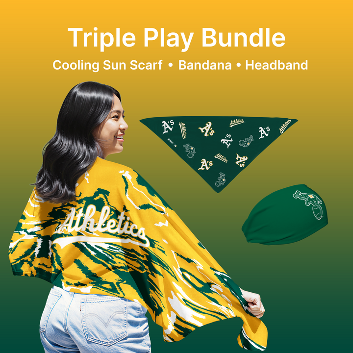 MLB licensed Oakland Athletics Triple Play Cooling Bundle: Cooling Sun Scarf + Bandana + Headband.Made in USA. Vertical Athletics Brand. 

