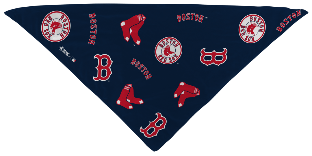MLB Boston Red Sox cooling triangle bandana with logos all over. Made in USA, Vertical Athletics brand. 