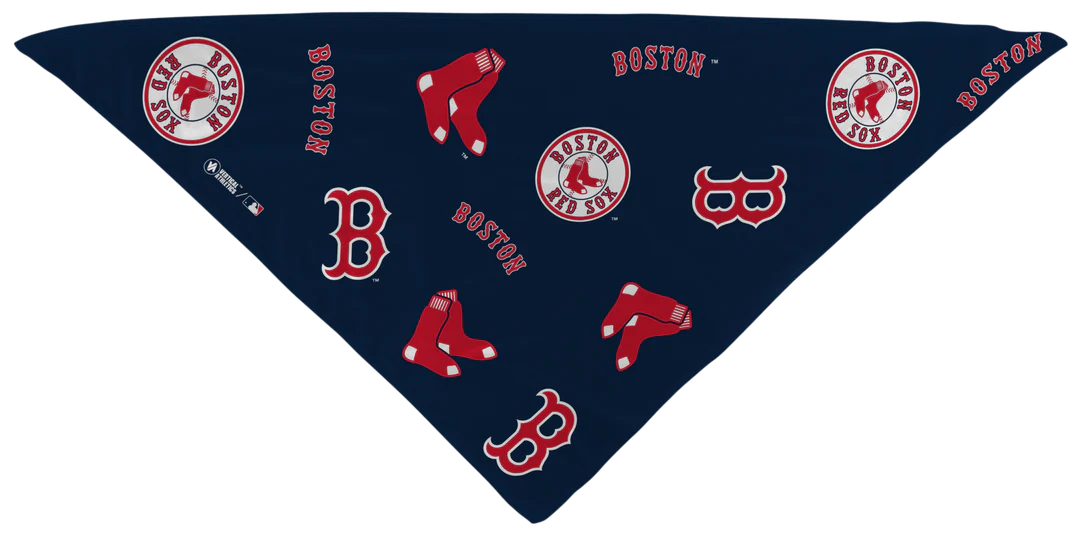 MLB licensed Boston Red Sox Triple Play Cooling Bundle: Cooling Triangle Bandana with All Over logo. Made in USA. Vertical Athletics Brand. 