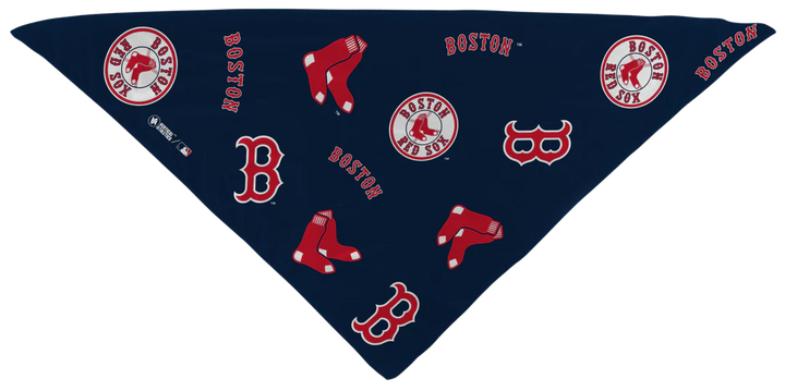 MLB licensed Boston Red Sox Triple Play Cooling Bundle: Cooling Triangle Bandana with All Over logo. Made in USA. Vertical Athletics Brand. 