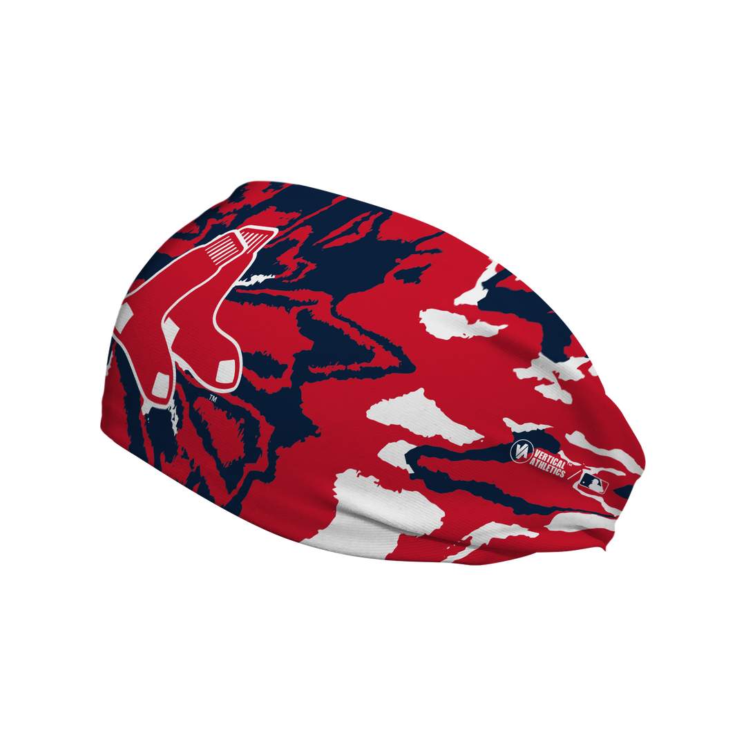 Side view of MLB Boston Red Sox, Team Tie-Dye headband with sock logo. Made in USA, Vertical Athletics brand. 