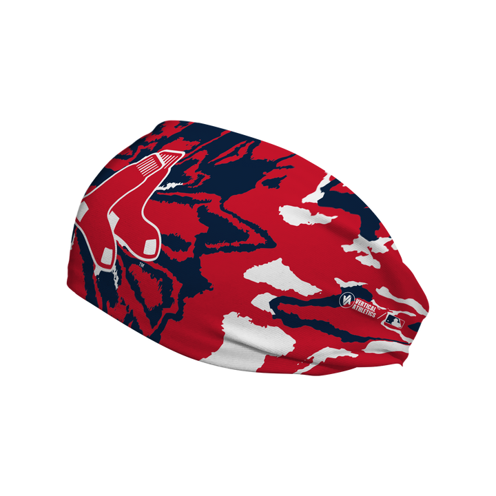 Side view of MLB Boston Red Sox, Team Tie-Dye headband with sock logo. Made in USA, Vertical Athletics brand. 