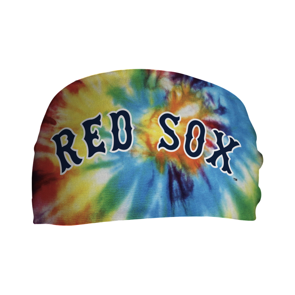 Side view of MLB Boston Red Sox, Rainbow Tie-Dye headband with Wordmark logo. Made in USA, Vertical Athletics brand. 