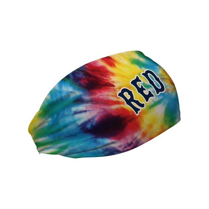 Side view of MLB Boston Red Sox, Rainbow Tie-Dye headband with Wordmark logo. Made in USA, Vertical Athletics brand. 
