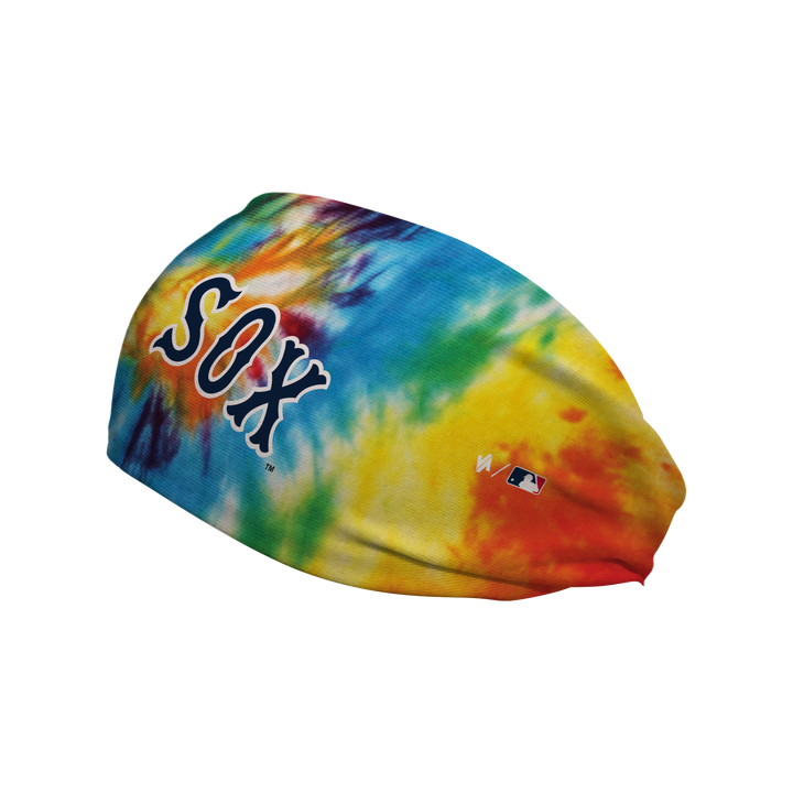 Side view of MLB Boston Red Sox, Rainbow Tie-Dye headband with Wordmark logo. Made in USA, Vertical Athletics brand. 