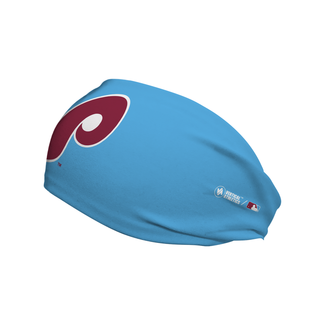 Side view of MLB Philadelphia Phillies light blue cooling headband with alt cap logo. Made in USA, Vertical  Athletics brand. 