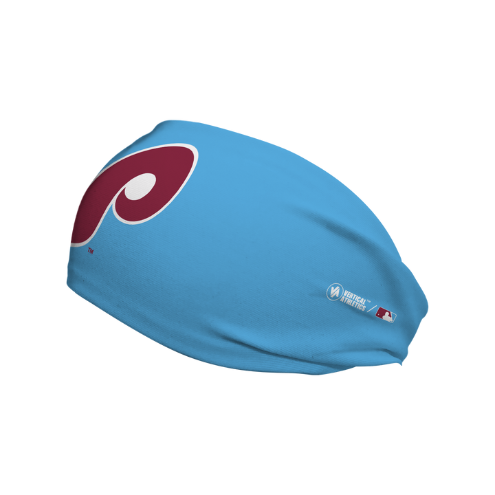 Side view of MLB Philadelphia Phillies light blue cooling headband with alt cap logo. Made in USA, Vertical  Athletics brand. 