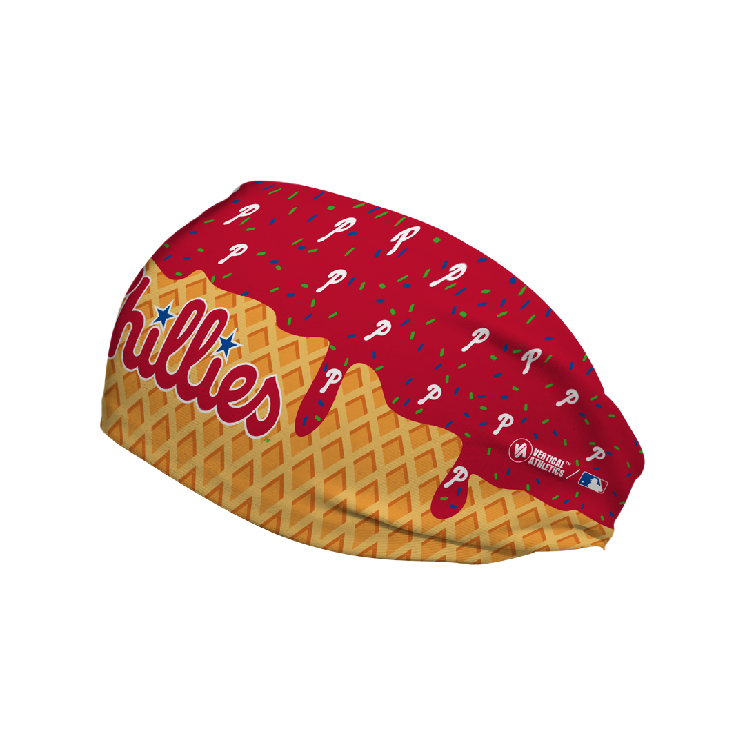 MLB licensed Philadelphia Phillies cooling headband with Ice Cream Drip Wordmark. Made in the USA, Vertical Athletics brand.