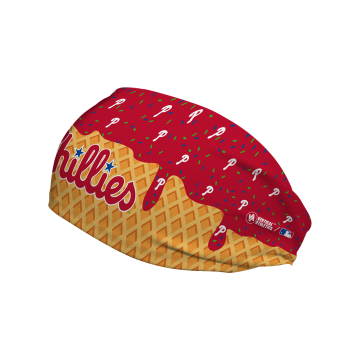 MLB licensed Philadelphia Phillies cooling headband with Ice Cream Drip Wordmark. Made in the USA, Vertical Athletics brand.