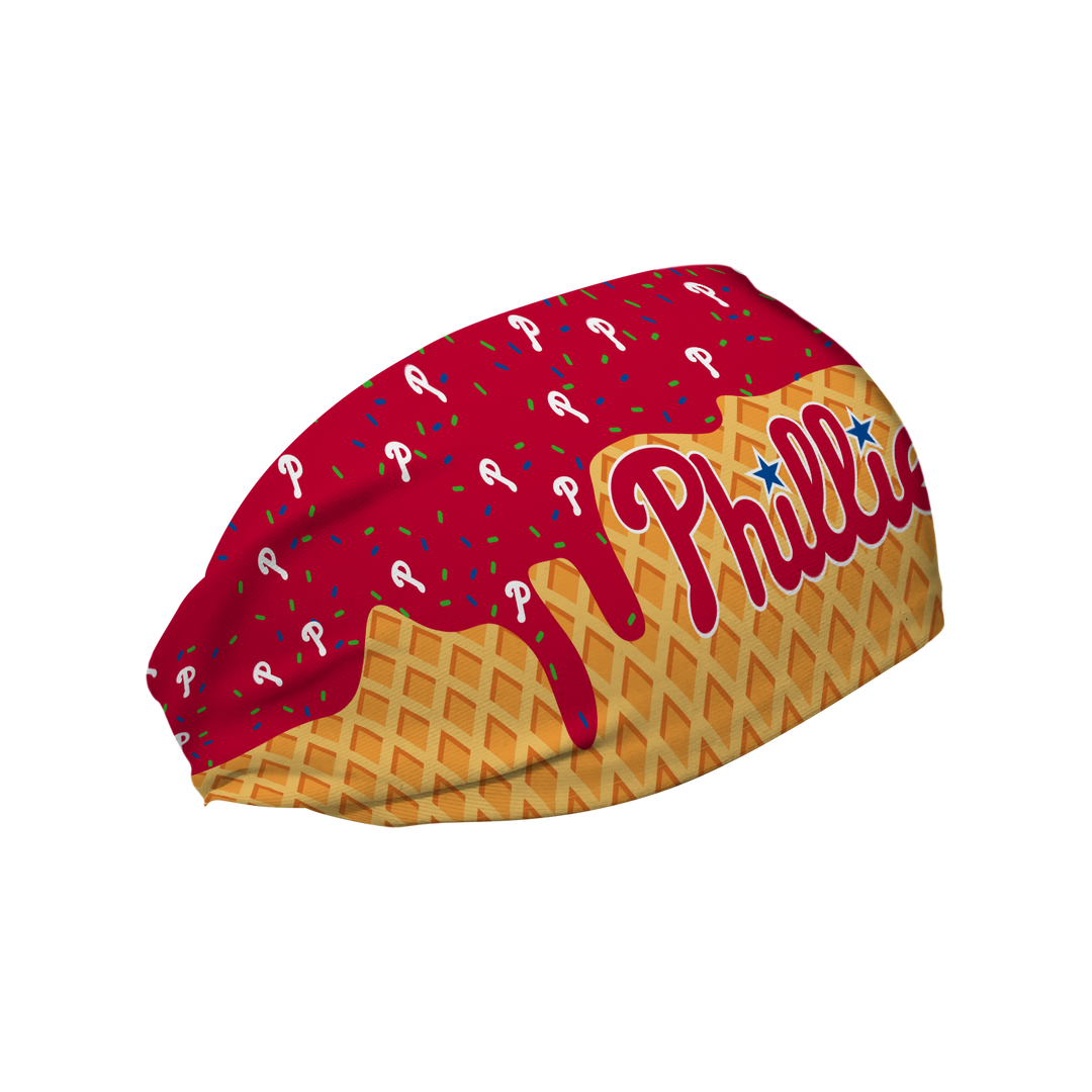 MLB licensed Philadelphia Phillies cooling headband with Ice Cream Drip Wordmark. Made in the USA, Vertical Athletics brand.