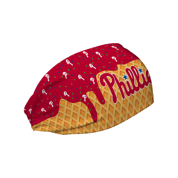 MLB licensed Philadelphia Phillies cooling headband with Ice Cream Drip Wordmark. Made in the USA, Vertical Athletics brand.