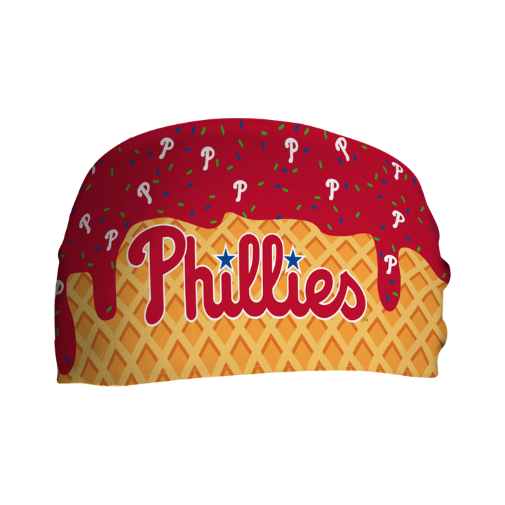MLB licensed Philadelphia Phillies cooling headband with Ice Cream Drip Wordmark. Made in the USA, Vertical Athletics brand.