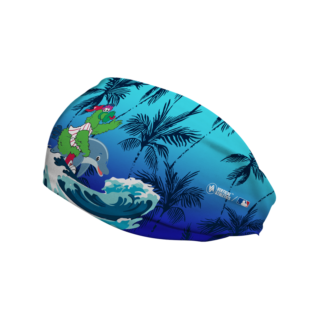 MLB Philadelphia Phillies cooling headband with Phanatic on a Dolphin. Made in the USA, Vertical Athletics brand.
