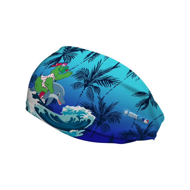 MLB Philadelphia Phillies cooling headband with Phanatic on a Dolphin. Made in the USA, Vertical Athletics brand.