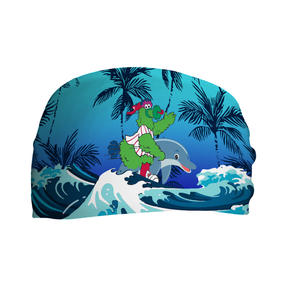 MLB Philadelphia Phillies cooling headband with Phanatic on a Dolphin. Made in the USA, Vertical Athletics brand.
