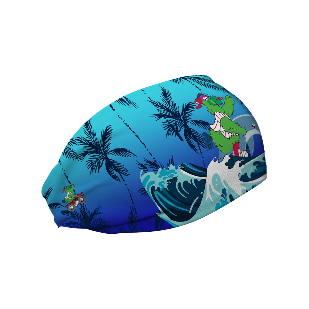 MLB Philadelphia Phillies cooling headband with Phanatic on a Dolphin. Made in the USA, Vertical Athletics brand.