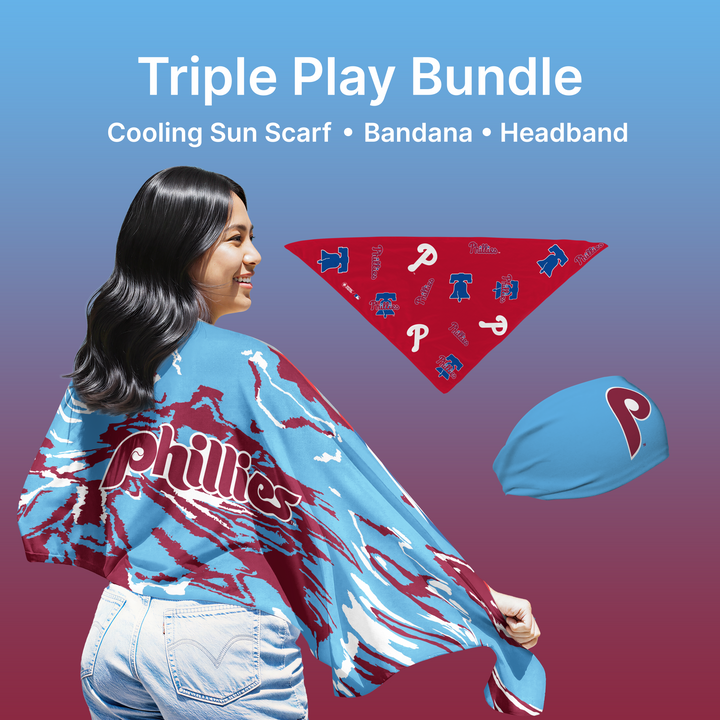 MLB licensed Philadelphia Phillies Triple Play Cooling Bundle: Cooling Sun Scarf + Bandana + Headband. Made in USA. Vertical Athletics Brand. 
