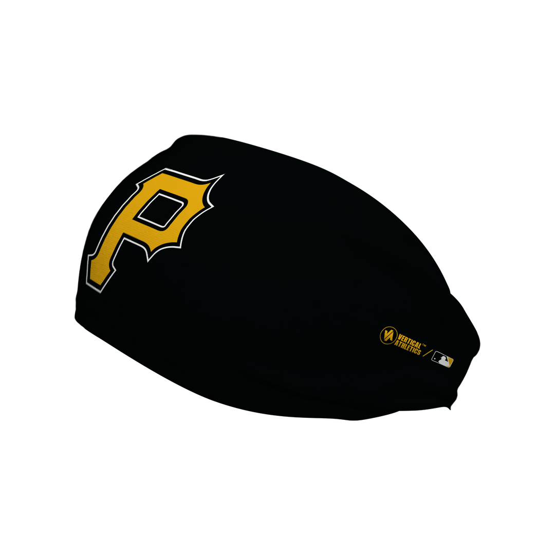 MLB Pittsburgh Pirates black headband with cap logo. Made in USA, Vertical Athletics brand. 