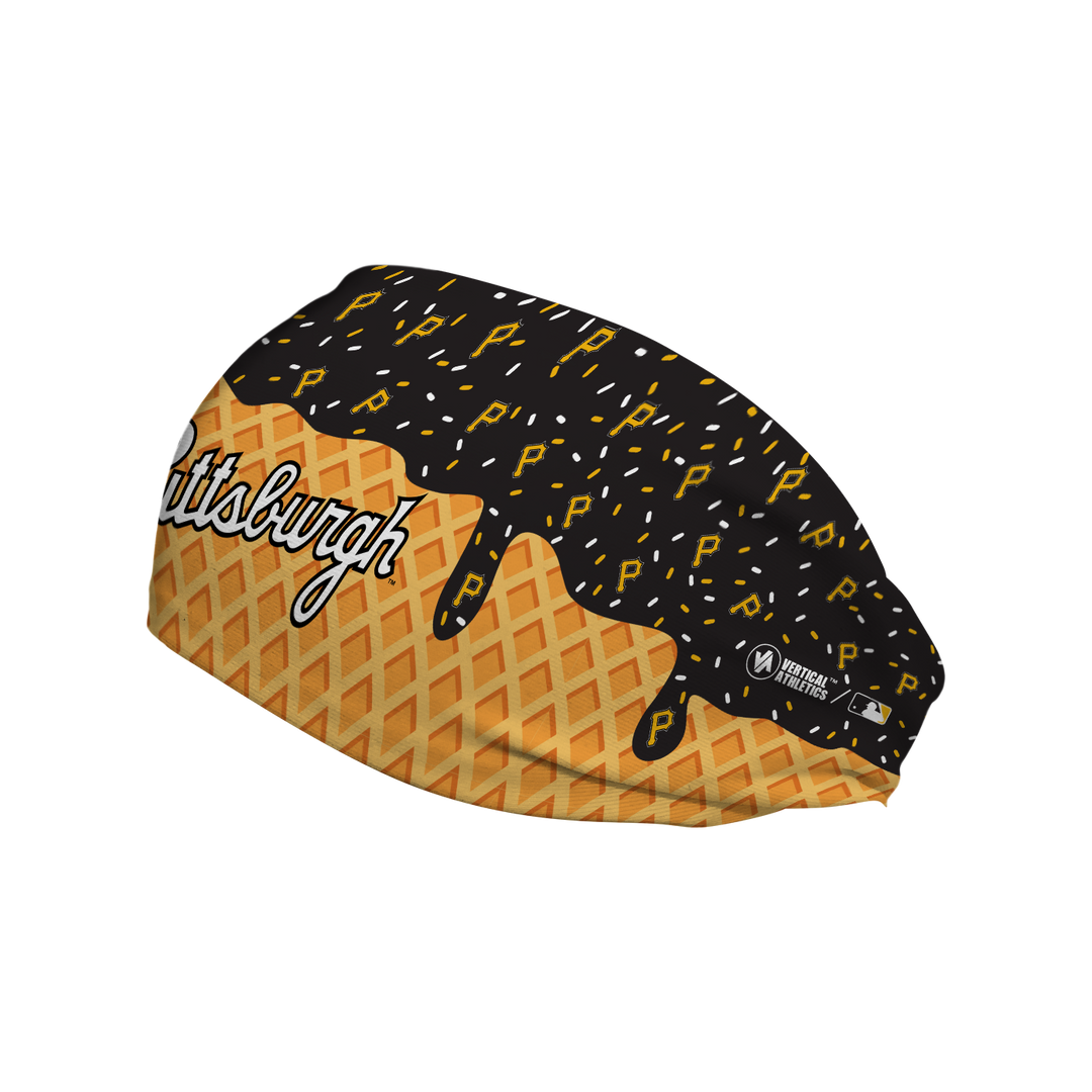 MLB licensed Pittsburgh Pirates cooling headband with Ice Cream Drip Wordmark. Made in the USA, Vertical Athletics brand.