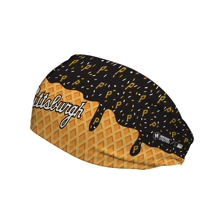 MLB licensed Pittsburgh Pirates cooling headband with Ice Cream Drip Wordmark. Made in the USA, Vertical Athletics brand.