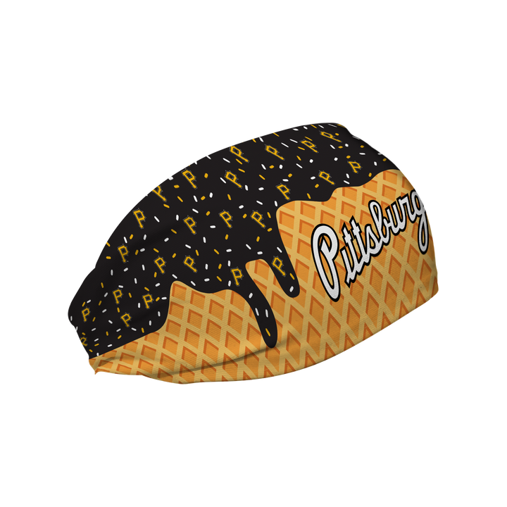 MLB licensed Pittsburgh Pirates cooling headband with Ice Cream Drip Wordmark. Made in the USA, Vertical Athletics brand.