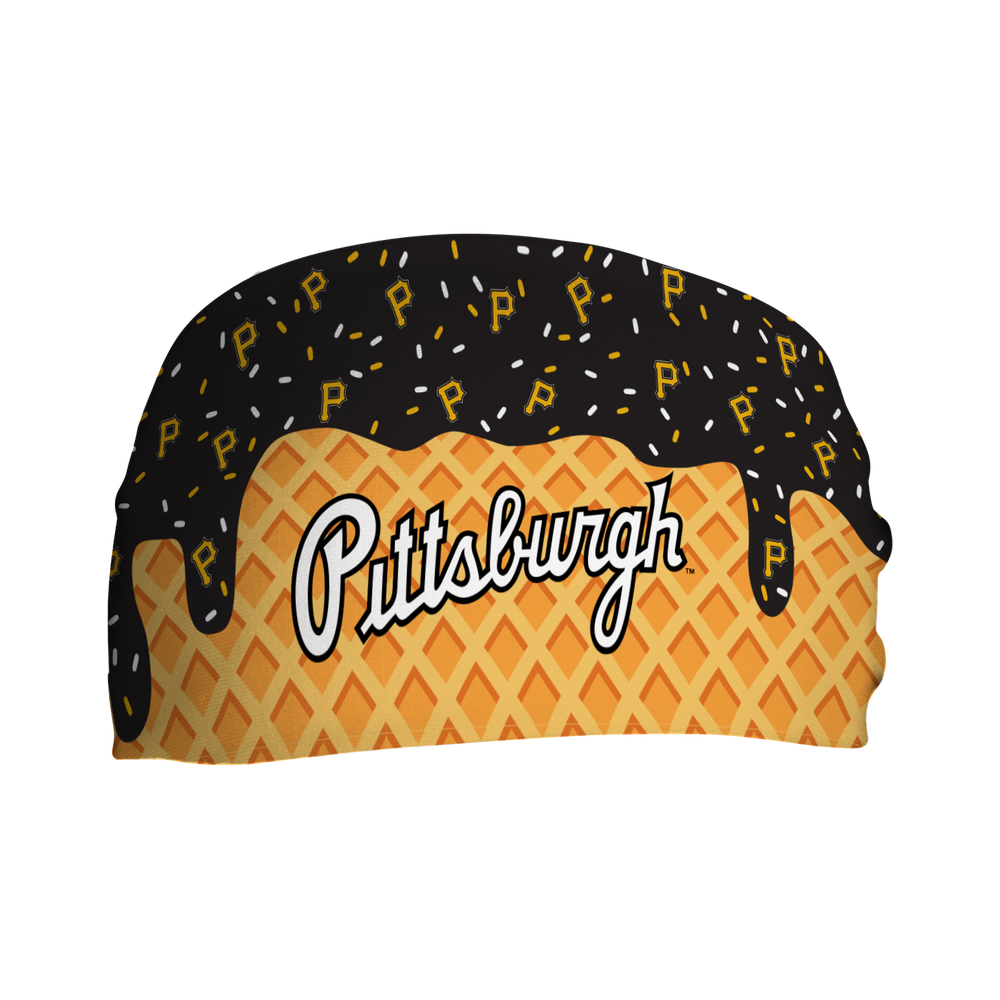 MLB licensed Pittsburgh Pirates cooling headband with Ice Cream Drip Wordmark. Made in the USA, Vertical Athletics brand.