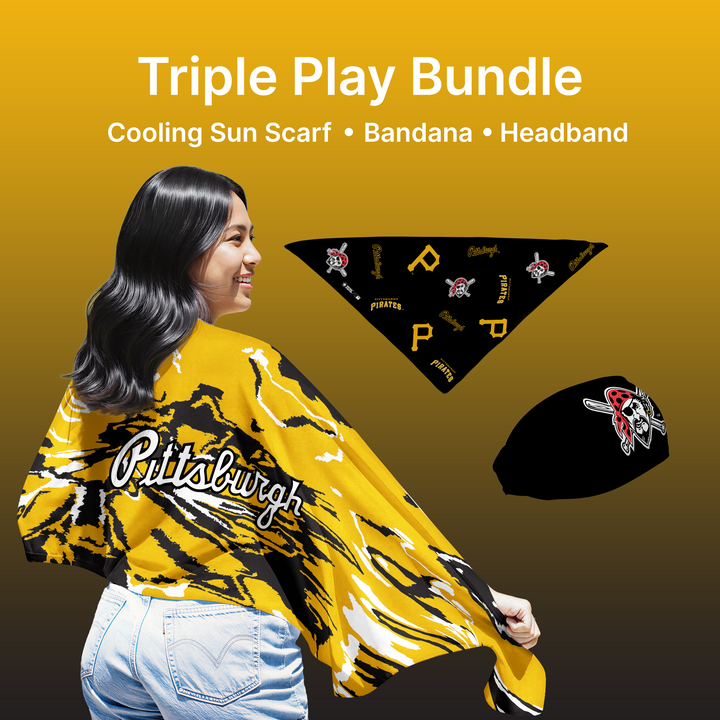 MLB licensed Pittsburgh Pirates Triple Play Cooling Bundle: Cooling Sun Scarf + Bandana + Headband. Made in USA. Vertical Athletics Brand. 