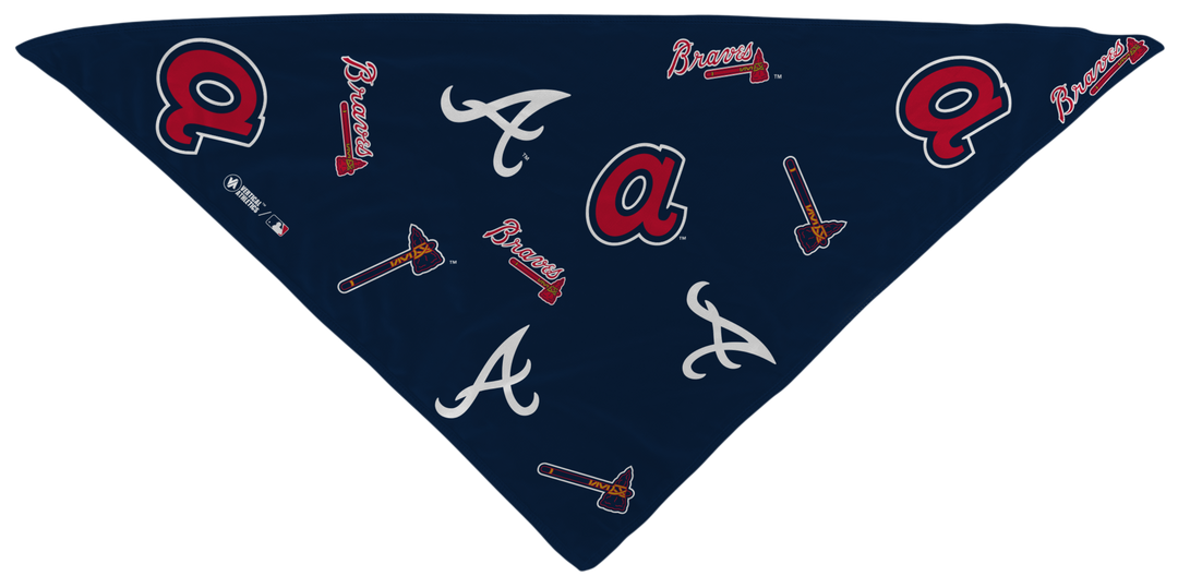 MLB Atlanta Braves cooling triangle bandana with logos all over. Made in USA, Vertical Athletics brand.  