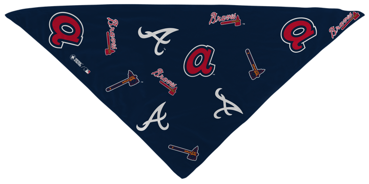 MLB Atlanta Braves cooling triangle bandana with logos all over. Made in USA, Vertical Athletics brand.  