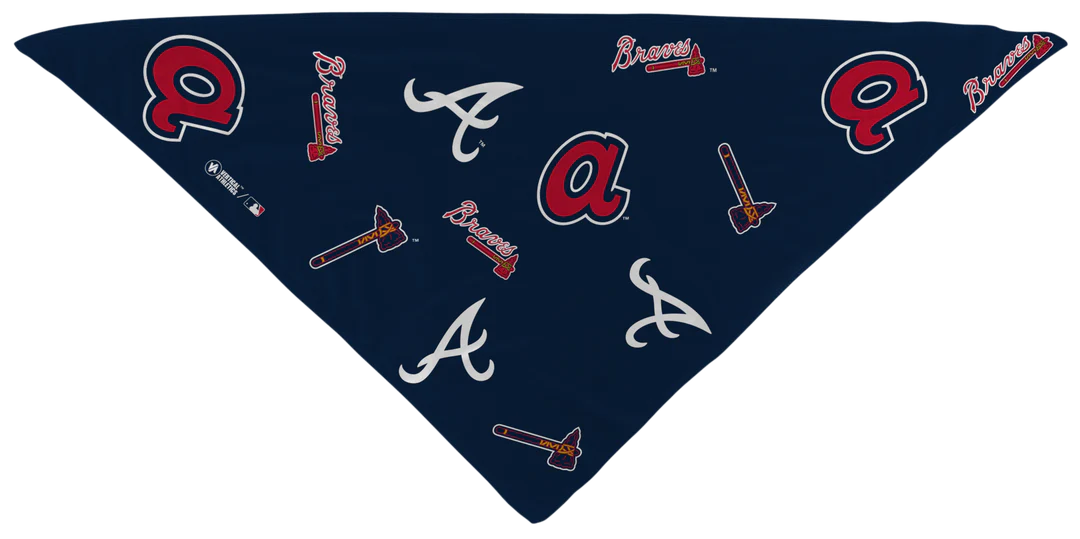 MLB licensed Atlanta Braves Triple Play Cooling Bundle: Cooling Triangle Bandana with All Over logo. Made in USA. Vertical Athletics Brand. 