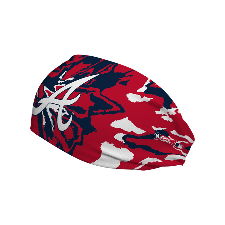 Side view of MLB Atlanta Braves Team Tie-Dye headband with cap logo. Made in USA, Vertical Athletics brand. 