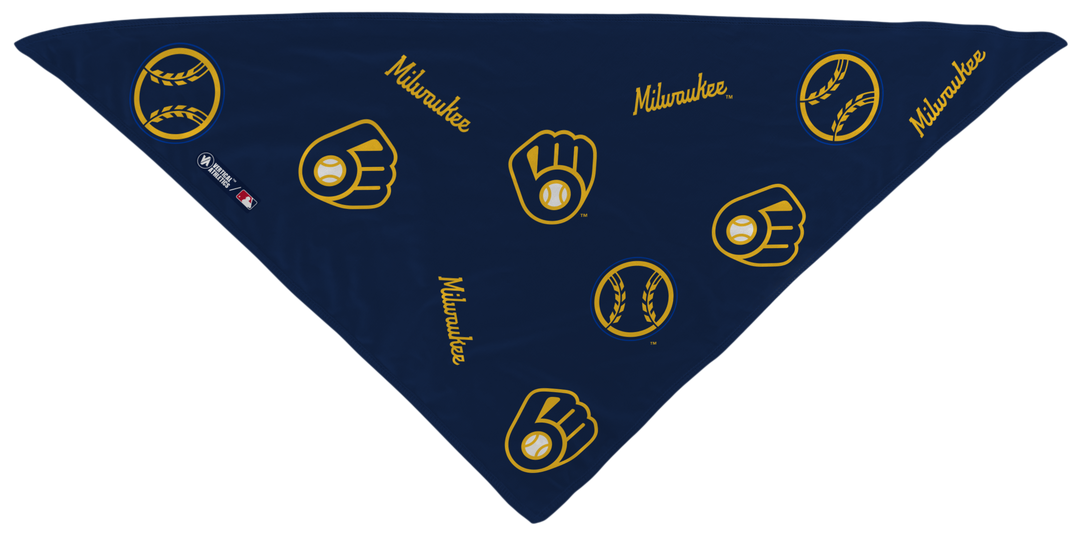 MLB Milwaukee Brewers cooling triangle bandana with team logo all over. Made in USA, Vertical Athletics brand.