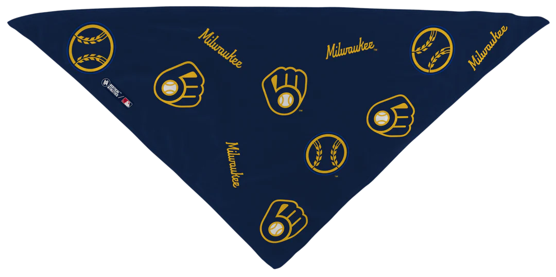 MLB licensed Milwaukee Brewers Triple Play Cooling Bundle: Cooling Triangle Bandana with All Over logo. Made in USA. Vertical Athletics Brand. 