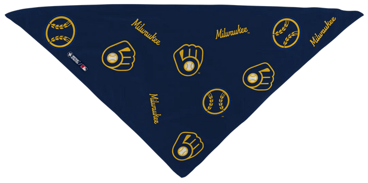 MLB licensed Milwaukee Brewers Triple Play Cooling Bundle: Cooling Triangle Bandana with All Over logo. Made in USA. Vertical Athletics Brand. 