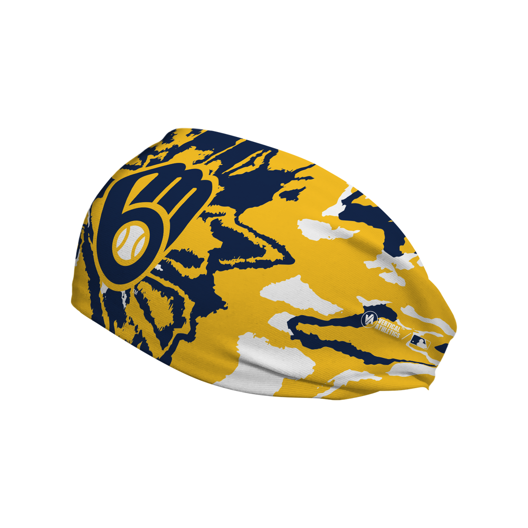 Side view of MLB Milwaukee Brewers Tie-Dye headband with cap logo. Made in USA, Vertical Athletics brand. 
