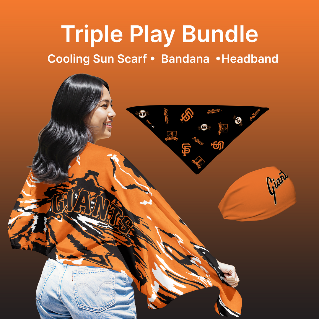 MLB licensed Giants Triple Play Cooling Bundle: Cooling Sun Scarf + Bandana + Headband.Made in USA. Vertical Athletics Brand.
