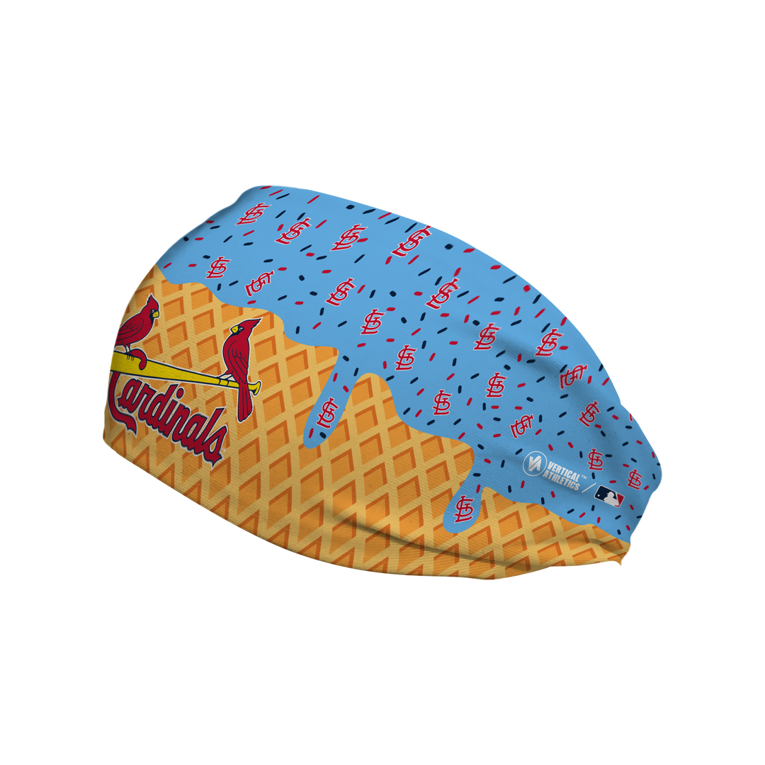 MLB licensed St. Louis Cardinals cooling headband with Ice Cream Drip Wordmark. Made in the USA, Vertical Athletics brand.