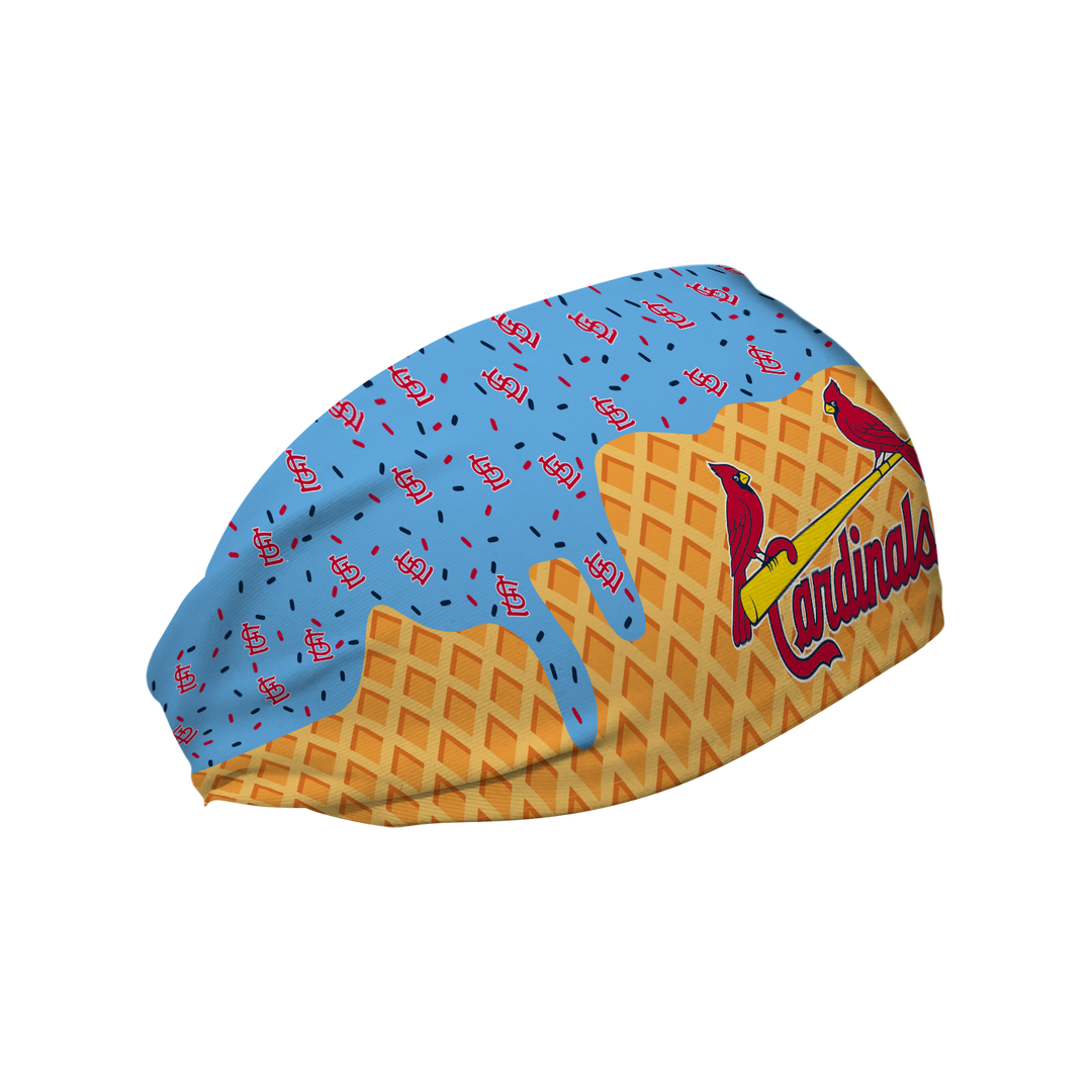 MLB licensed St. Louis Cardinals cooling headband with Ice Cream Drip Wordmark. Made in the USA, Vertical Athletics brand.