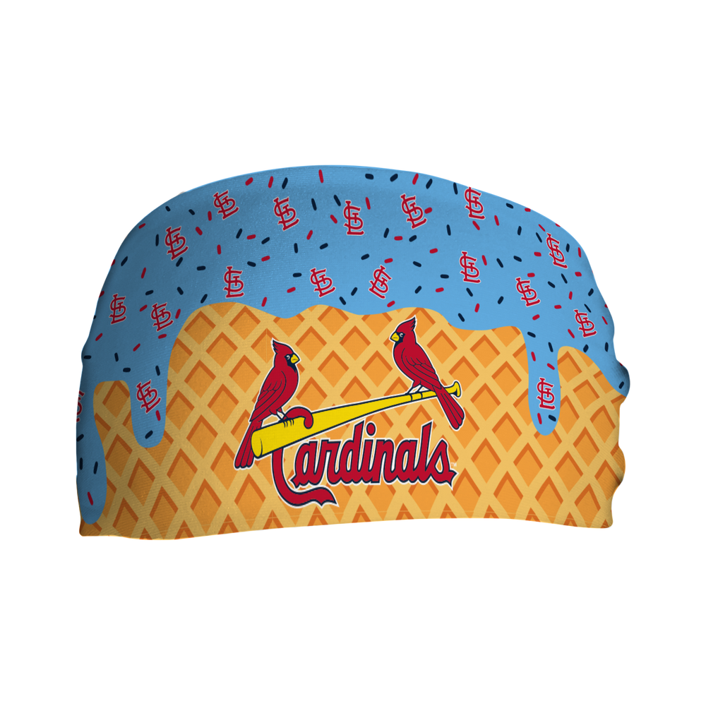 MLB licensed St. Louis Cardinals cooling headband with Ice Cream Drip Wordmark. Made in the USA, Vertical Athletics brand.