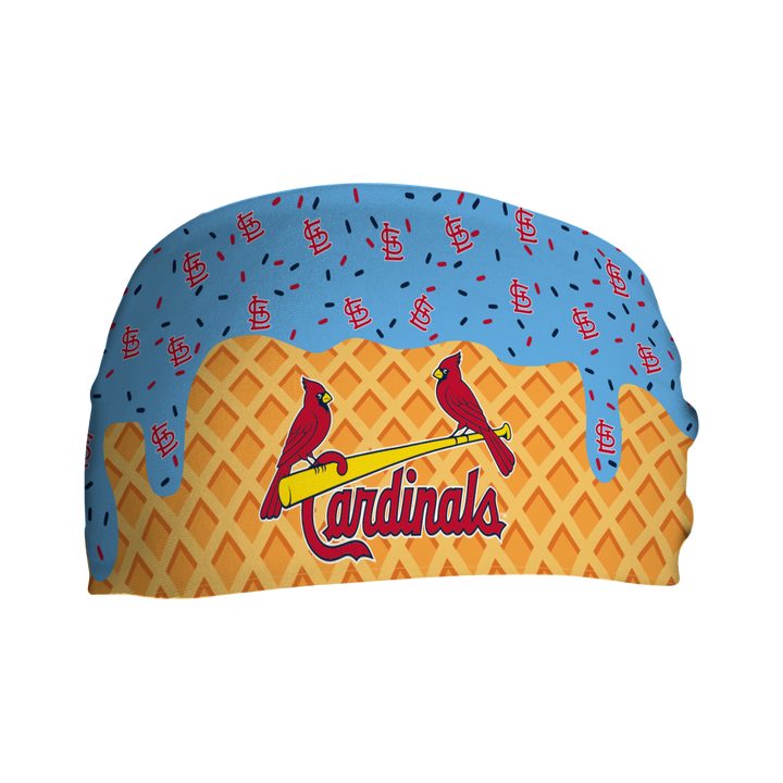 MLB licensed St. Louis Cardinals cooling headband with Ice Cream Drip Wordmark. Made in the USA, Vertical Athletics brand.