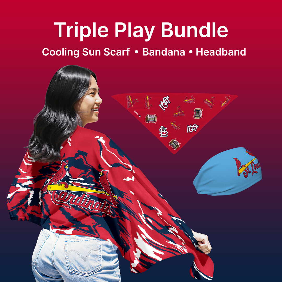 MLB licensed St. Louis Cardinals Triple Play Cooling Bundle: Cooling Sun Scarf + Bandana + Headband. Made in USA. Vertical Athletics Brand. 

