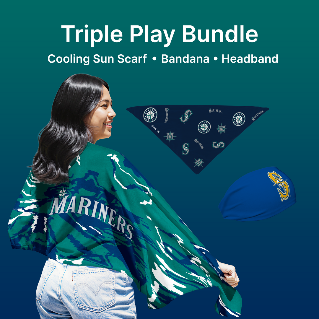 MLB licensed Seattle Mariners Triple Play Cooling Bundle: Cooling Sun Scarf + Bandana + Headband. Made in USA. Vertical Athletics Brand. 
