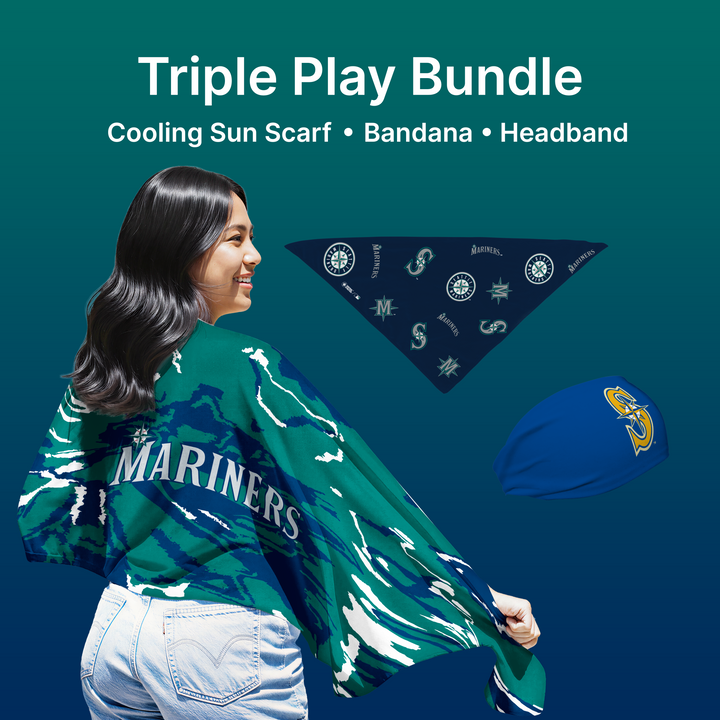 MLB licensed Seattle Mariners Triple Play Cooling Bundle: Cooling Sun Scarf + Bandana + Headband. Made in USA. Vertical Athletics Brand. 
