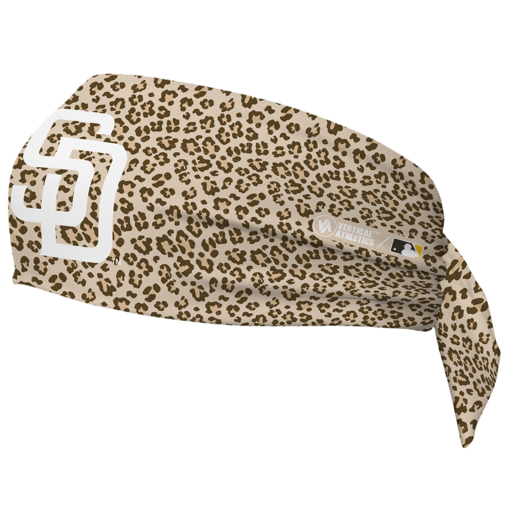 MLB San Diego Padres wide tieback cooling headband with Cheetah Cap Logo. Vertical Athletics brand. Made in Mexico.