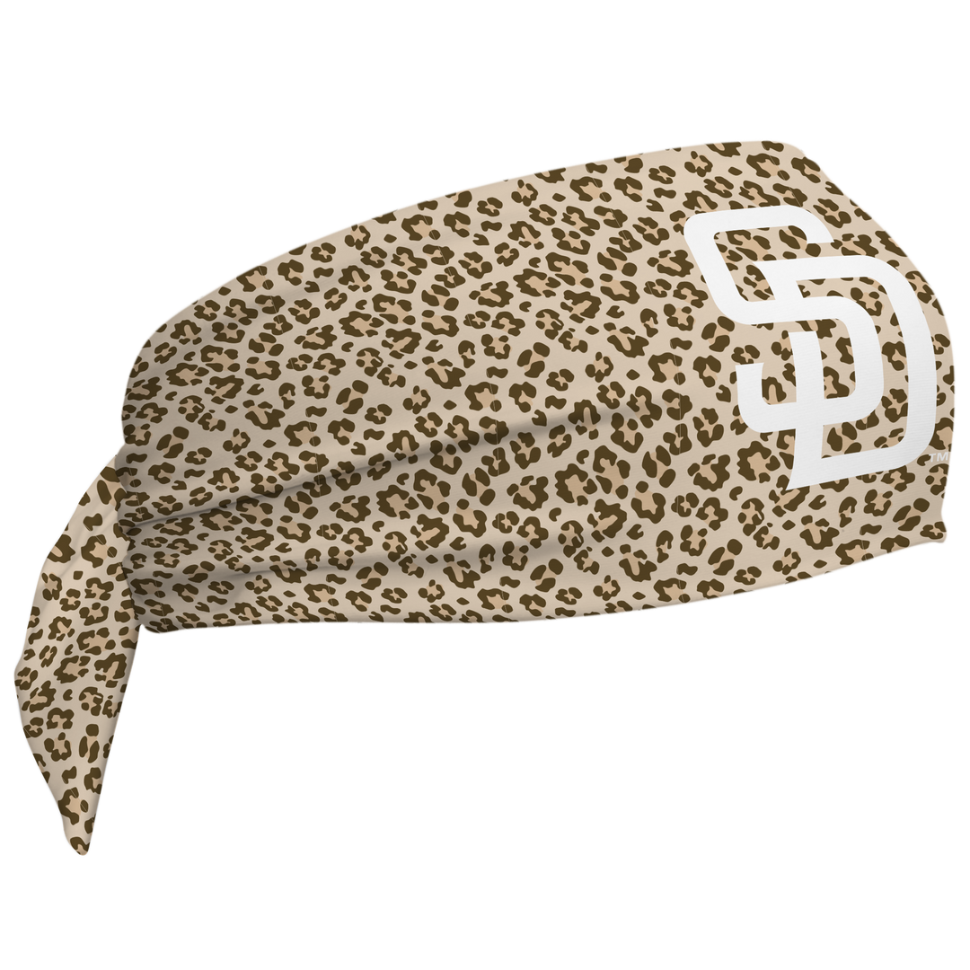 MLB San Diego Padres wide tieback cooling headband with Cheetah Cap Logo. Vertical Athletics brand. Made in Mexico.