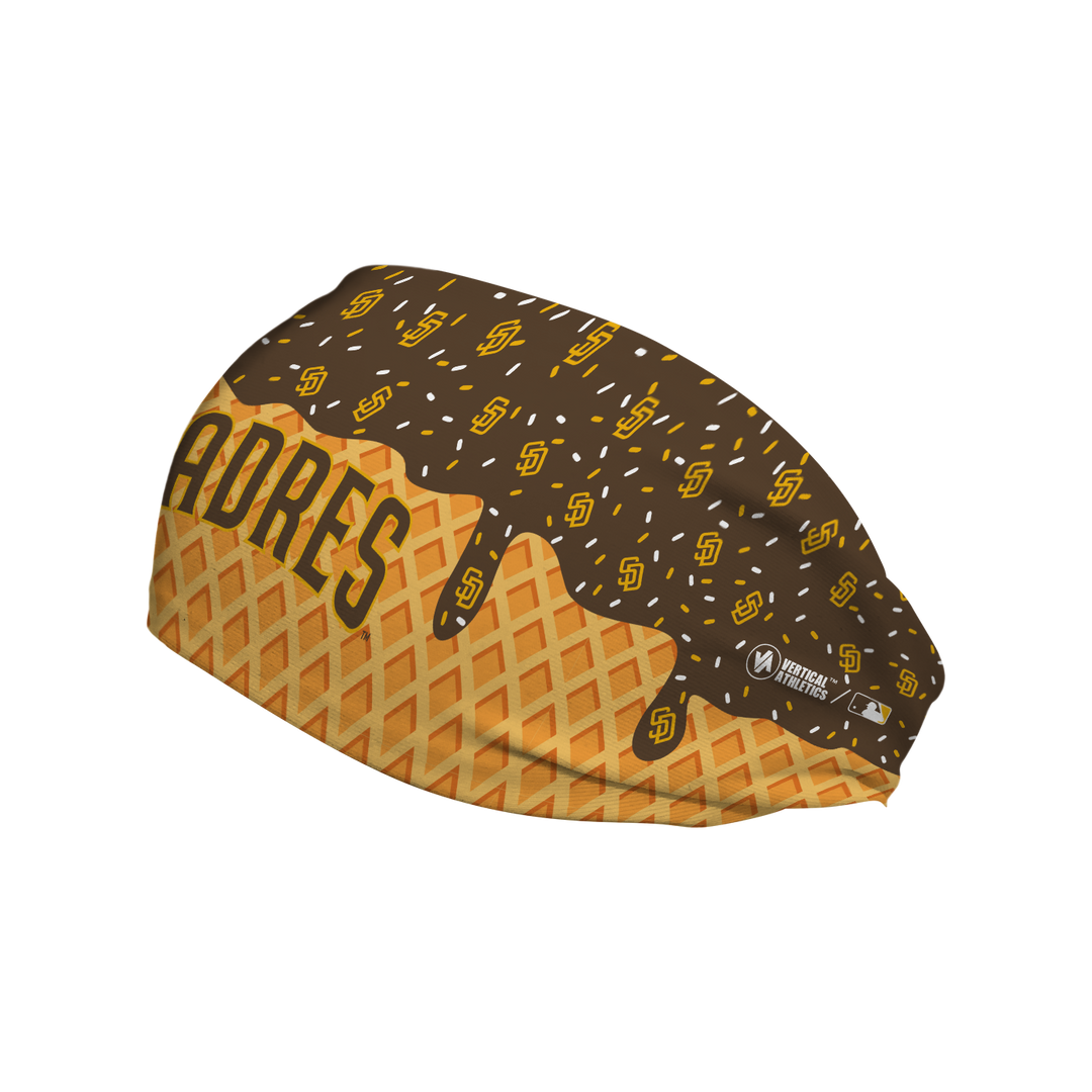 MLB licensed San Diego Padres cooling headband with Ice Cream Drip Wordmark. Made in the USA, Vertical Athletics brand.